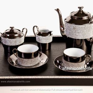 12pc NIB SOPHIE VILLIPIGUE TEA & COFFEE SET - PLATINUM LIMOGES SWAROVSKI FRANCE